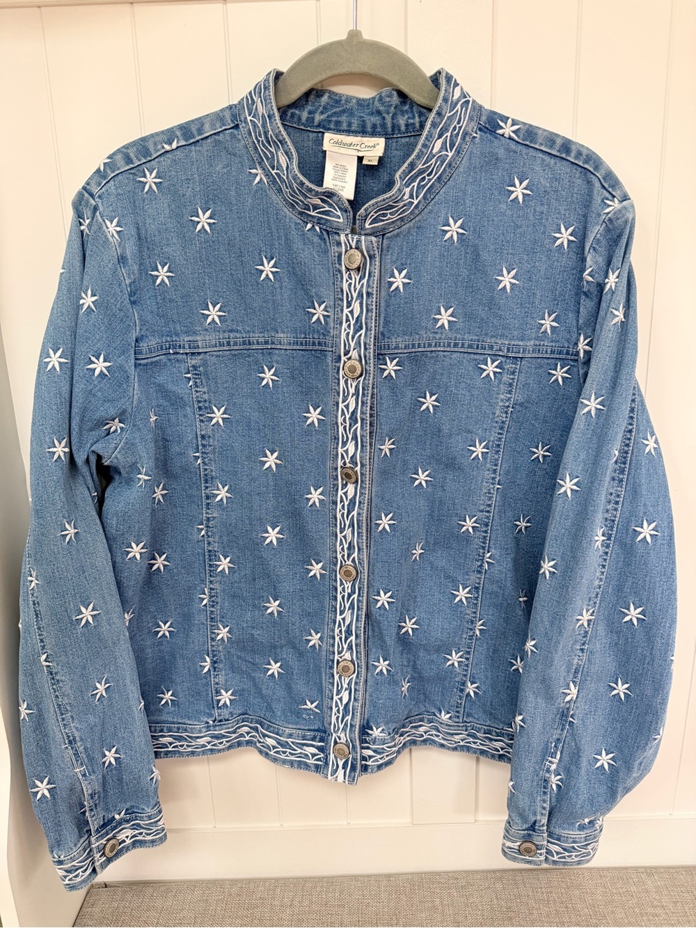 Coldwater Creek Blue Denim Jacket with White Star Embroidery